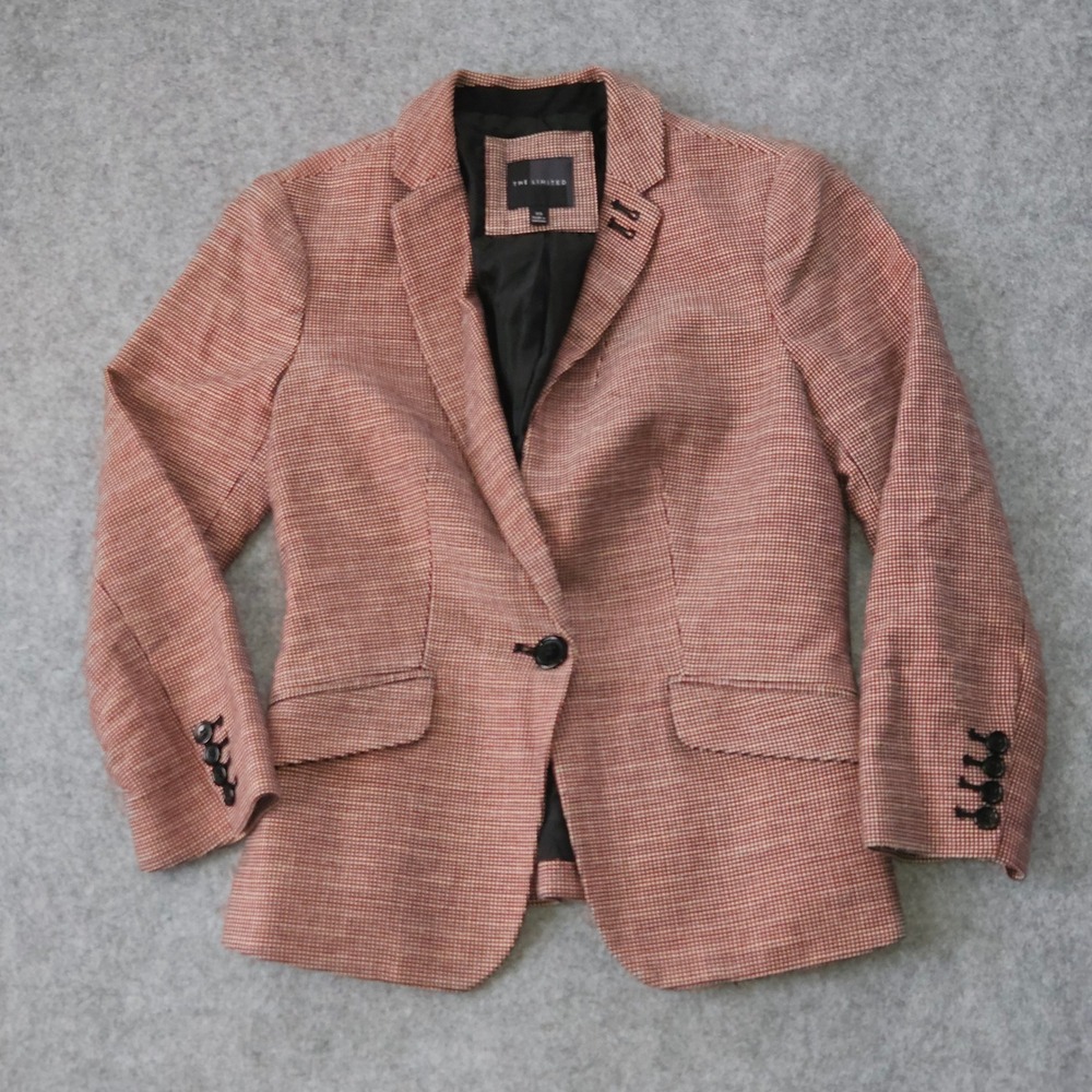 The Limited Womens XS Red Tweed Micro Houndstooth Ruched One Button Blazer
